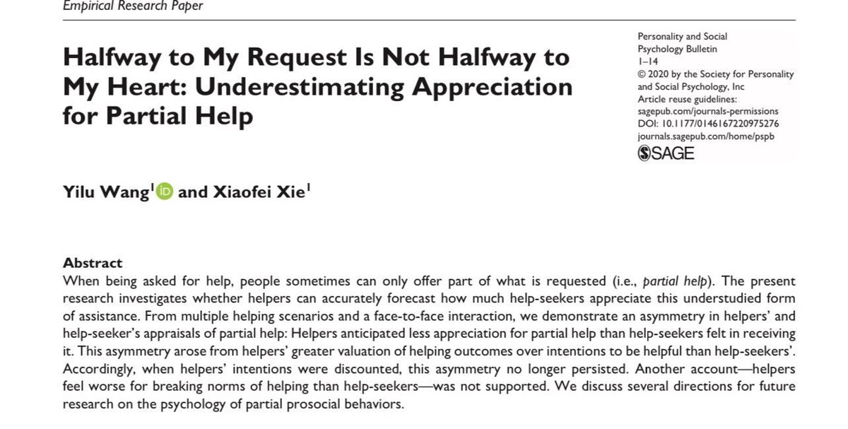 There is a whole set of recent papers showing how we overestimate the awkwardness &amp; underestimate the rewards (and not just to ourselves!) of social interactions like:
🙏Expressing gratitude
💬Engaging in deep conversations
🤝Providing partial help, rather than solving a problem