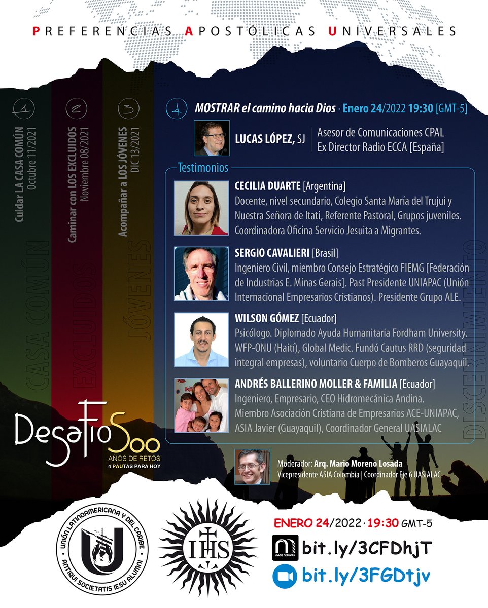 uasialac's tweet photo. Preferencias Apostólicas Universales
Mostrar el camino hacia Dios
🗓 Lunes 24/Enero/2022 
🕗19:30 GMT-5 🇨🇴 🇵🇪 🇪🇨 

¡Déjate inspirar!
Acepta el Desafío500🤝
#preferenciasapostolicasuniversales #ignatius500 https://t.co/0a8y4ET7BT