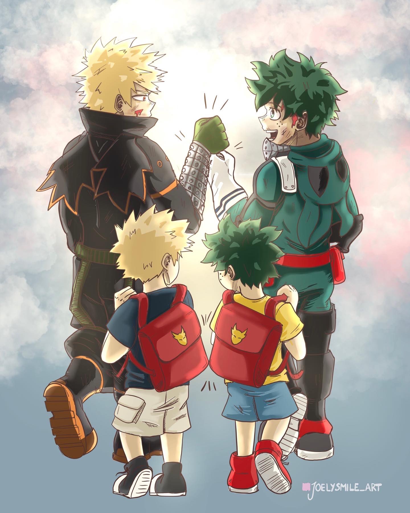 Joelysmile Art on X: •Always by your side• Fist-bump and matching  backpacks 🎒 Kacchan and Deku childhood friends always moves me 💚🧡 I  thought of Deku asking for the same backpack of