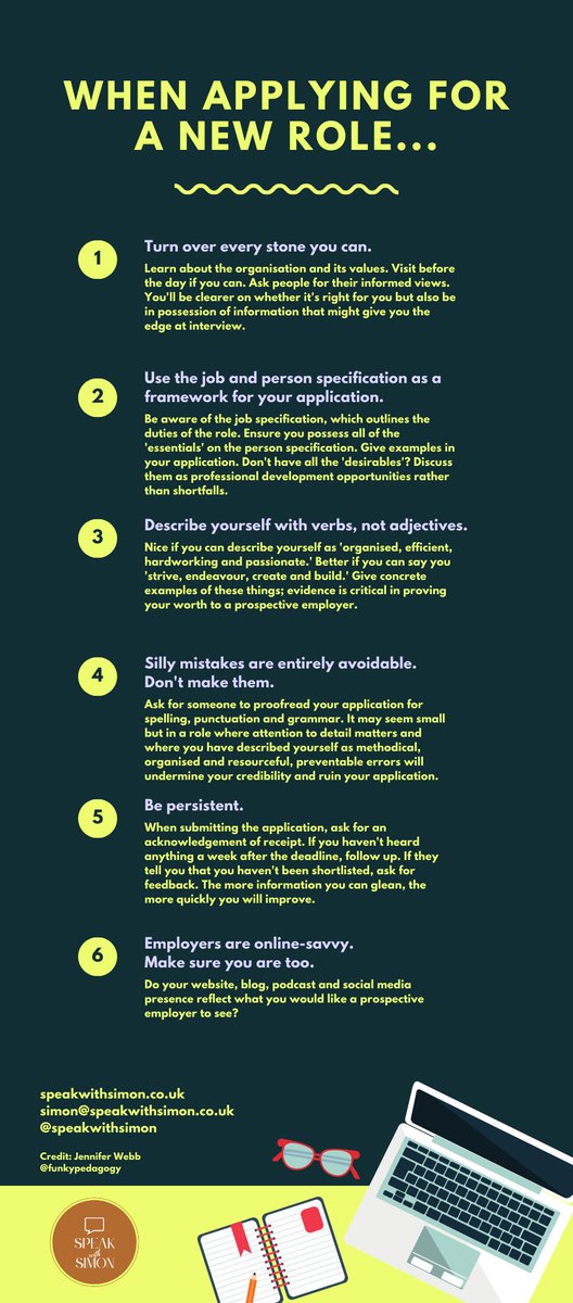 A delight to co-host a wonderful session last week on interviews and job applications with @funkypedagogy. I have turned my learnings from Jenny’s segment into an infographic, which I hope you will find useful!
#interview #communication #professional development #speakwithsimon https://t.co/Ft9jhHdMZt