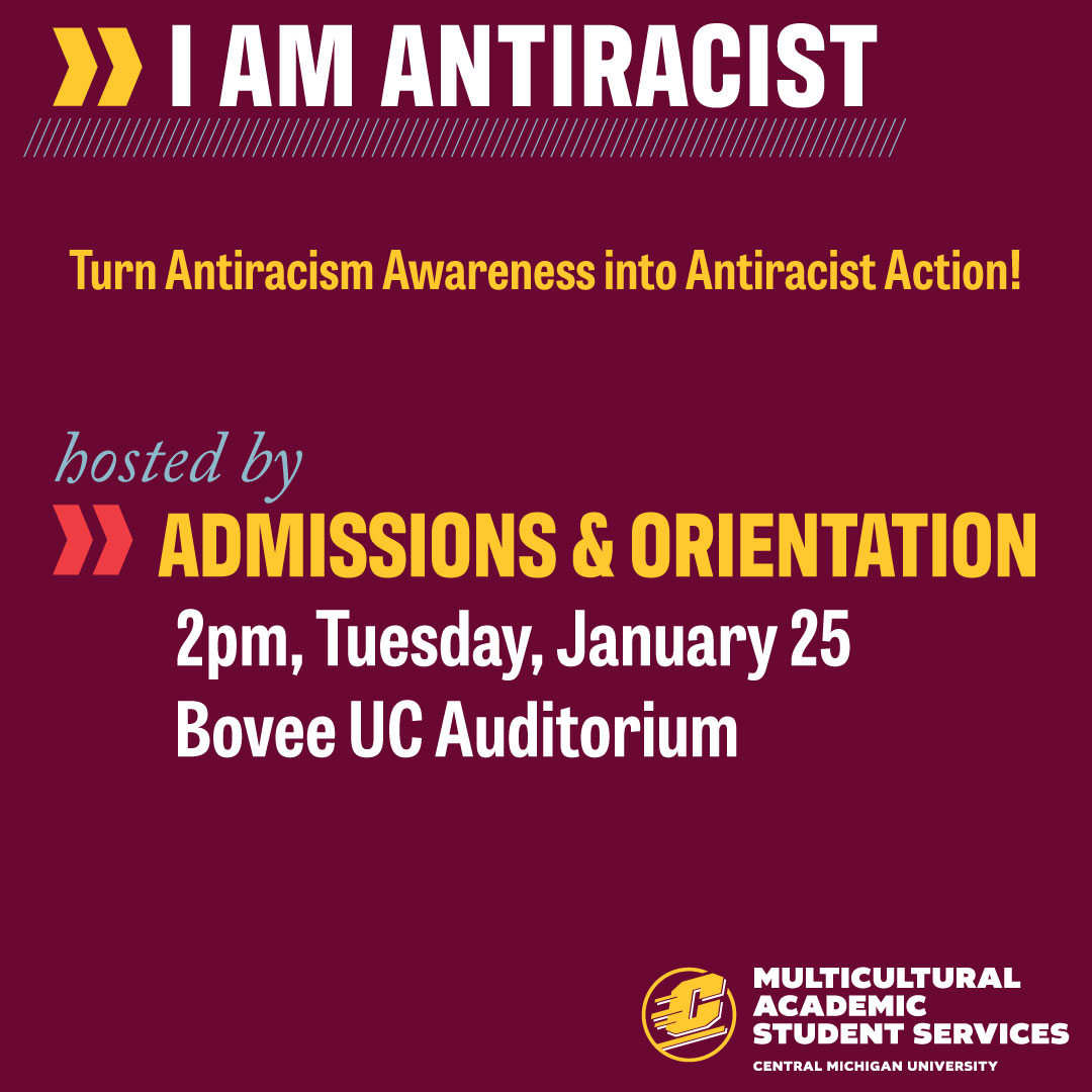 MASS_CMU's tweet photo. Tomorrow (1/25) is the first I AM ANTIRACIST workshop hosted by Orientation and Undergraduate Admissions. Hear from both offices how they welcome students to CMU with an antiracist and decolonized lens and learn more about how we can all support their efforts #awarenessintoaction https://t.co/2OzbnzxVx8