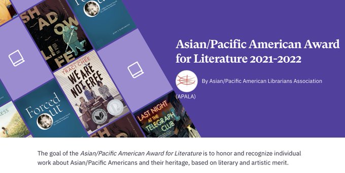 Screenshot of APALA’s Bookshop.org shop. Purple background with white text announcing the Asian/Pacific American Award for Literature 2021-2022.