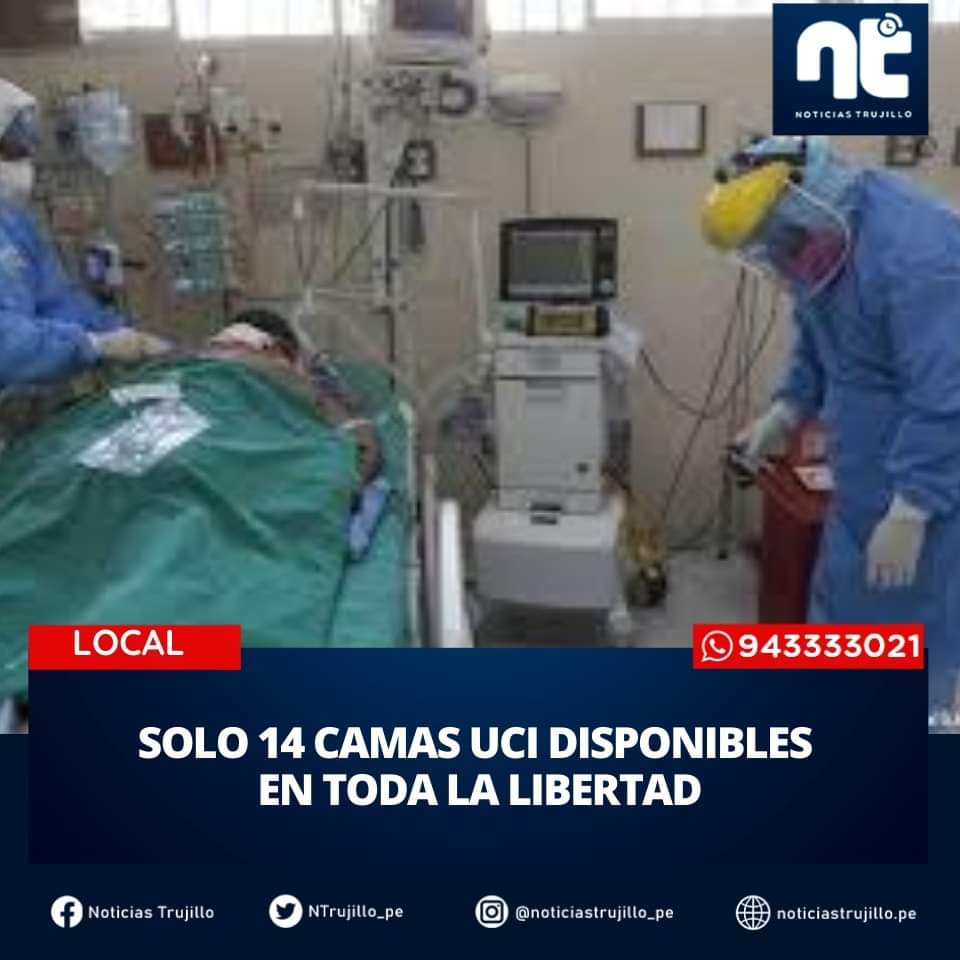 ntrujillo_pe's tweet photo. 🔴📌El gerente regional de EsSalud, José Luis Carranza, informó que de un total de 41 camas UCI, 27 están siendo ocupadas a nivel de toda la región La Libertad, dejando tan solo 14 camas UCI disponibles.

#NTInforma #UCI #covid19 https://t.co/WgctwasbJT