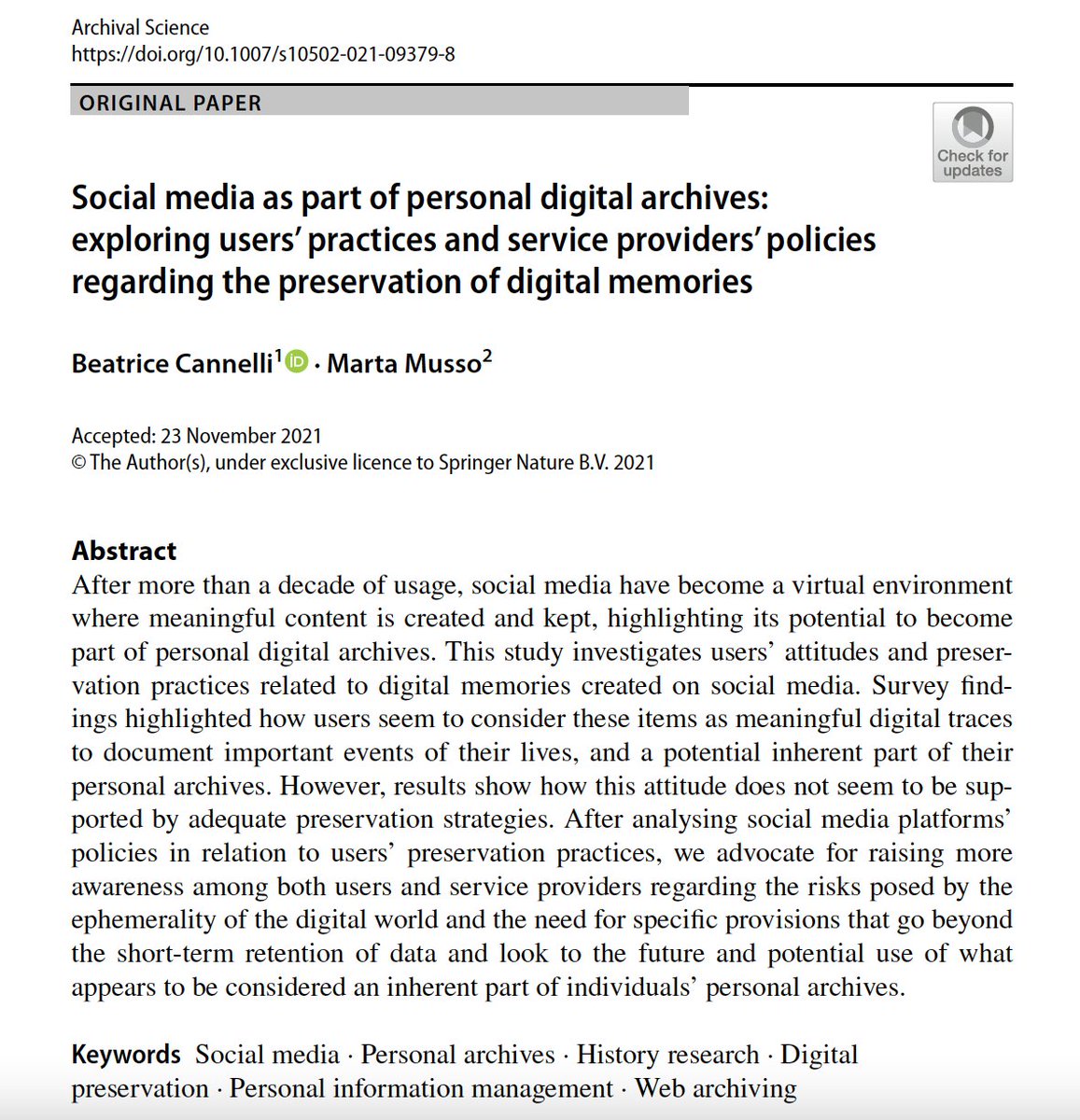 BCannelli's tweet photo. Our new paper on #socialmedia as part of personal digital archives is out! Delighted to have collaborated with @martamusso on this project! #personalarchives #digitalpreservation  https://t.co/XwjCpGHyWT https://t.co/DF76kSIpha