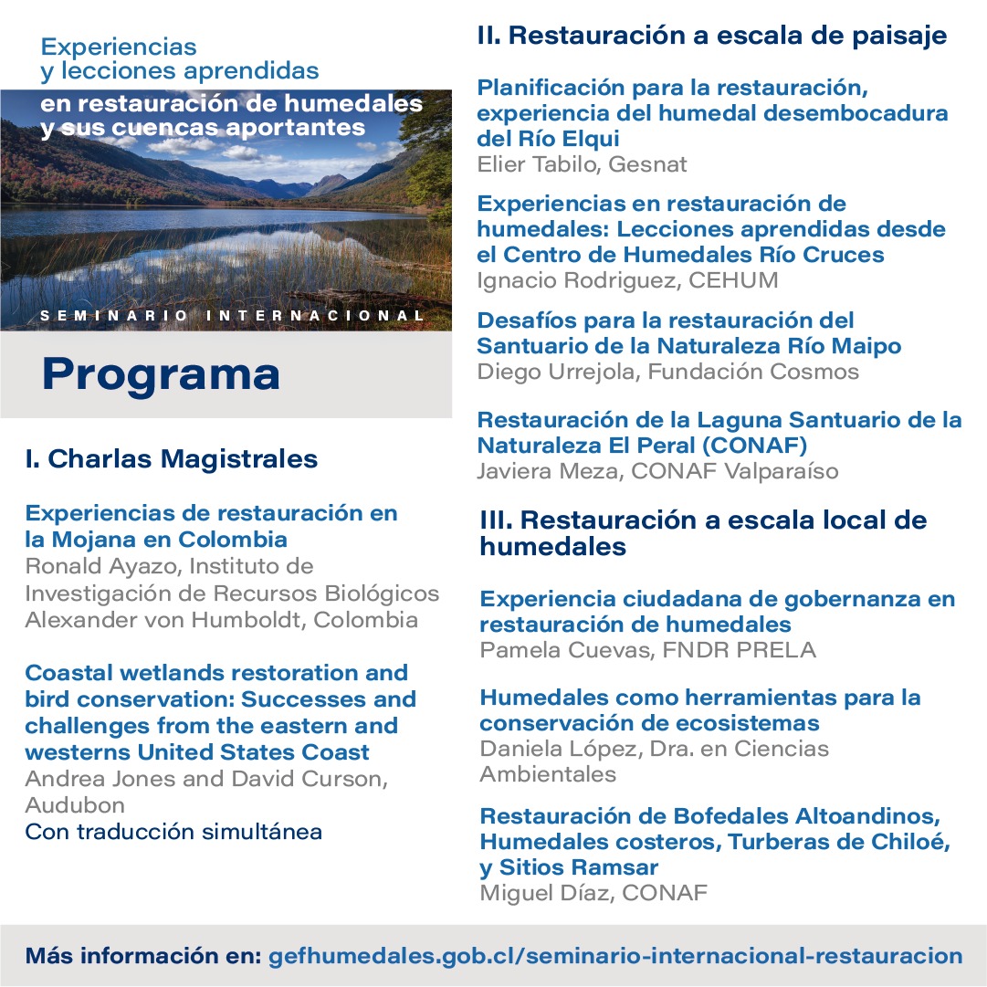 Este jueves, Seminario Internacional "Experiencias y lecciones aprendidas en restauración de Humedales y  
sus cuencas aportantes". Transmisión desde el Canal de Youtube de Gef Humedales. Expone <a href="/durrejoc/">Diego Urrejola</a>, Dir. Ejecutivo de <a href="/FundCosmos/">Fundación Cosmos</a>.