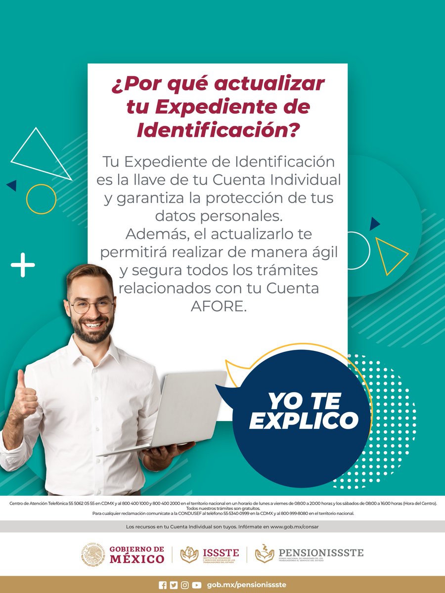 PENSIONISSSTE_'s tweet photo. Actualizar tu Expediente de Identificación es fácil, rápido y seguro. Acude a cualquiera de nuestros Centros de Atención al Público y pon en orden tu Cuenta Individual.
O comunícate con nosotros al 55 5062 0555 desde CDMX o al 8004001000 y 8004002000 del Interior de la República https://t.co/ErO08Ezf3W