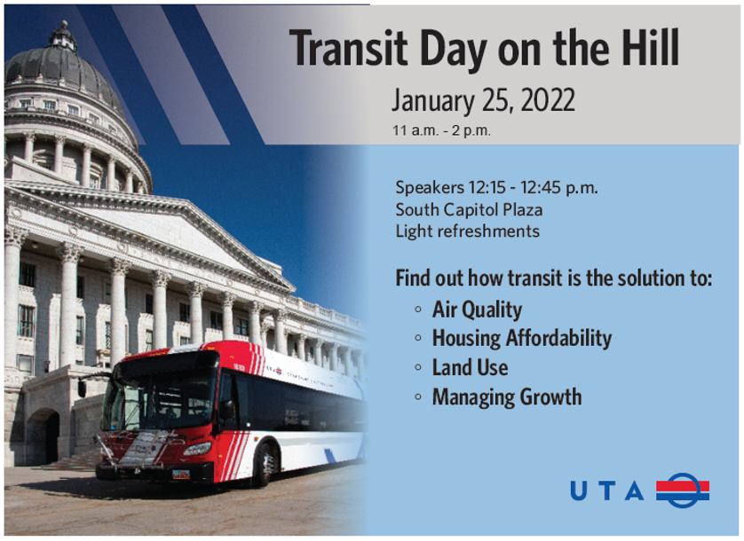 RideUTA's tweet photo. Join us tomorrow for Transit Day on the Hill! We'll be broadcasting live via Facebook: https://t.co/iREjmQdDPp.

#TakeTransit #UTAYourWay #utah #slc

w. @slcmayor , @WasatchCouncil https://t.co/rBL1EGRA2t