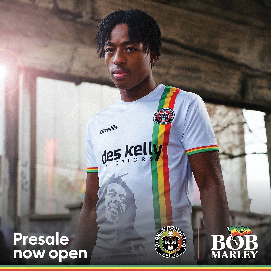 cedellamarley's tweet photo. Introducing @bfcdublin’s 2022 away kit, a testament to dad's last ever outdoor concert, Dalymount Park 1980 - the kit will raise funds to bring football and music to asylum seekers in Ireland. 
"Unity is the world’s key, and racial harmony"❤️🌎 #OneLove 
 https://t.co/w92WrMT3Gh https://t.co/Sp0a587Rbw