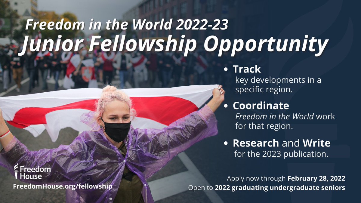 kianvest's tweet photo. Want to learn more about the @freedomhouse Junior Fellowship? Join an info session on Friday 1/28 1pm ET or Friday 2/4 11am. Register by emailing FIWFellowship@freedomhouse.org, more details at: https://t.co/TdlI2vTXbL https://t.co/8cGxa4lFeB