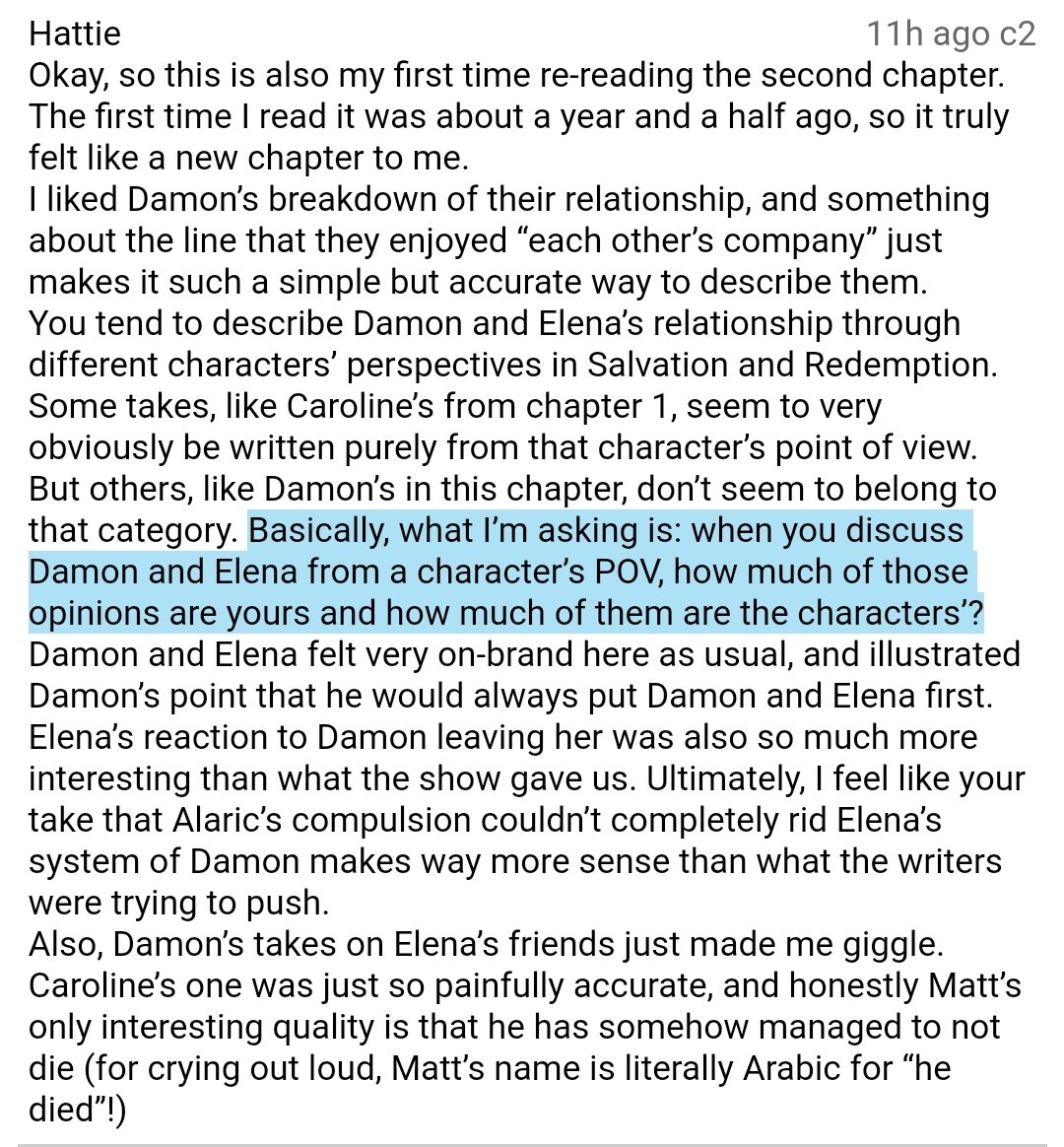 AdaudBy's tweet photo. It depends on whether I like the character. If it's one I like (so, basically Damon, Elena, Bonnie), the observations will 99% be my own opinions. All other canon characters: the opinions are completely their own. If they hit the mark occasionally, it's by (planned) accident. https://t.co/26xKdmSQq0