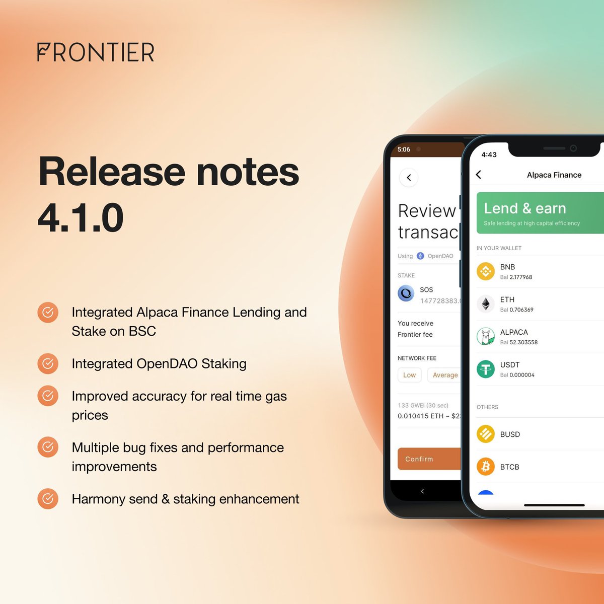 FrontierDotXYZ's tweet photo. We’ve got a new update 📲

⭐️Highlights⭐️
— Integrated @AlpacaFinance lending and staking on BSC
— Integrated @The_OpenDAO ($SOS) staking 
— @harmonyprotocol ($ONE) send &amp; staking enhancement 

Update or download your Frontier app today: https://t.co/6u0hLnQRlW https://t.co/9mDquqjdcd