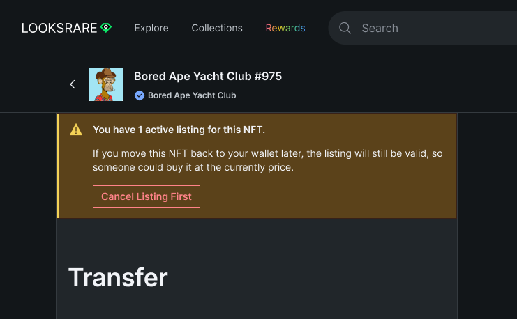 LooksRare's tweet image. This week we will be adding a basic NFT transfer function.

If you're sending an NFT that's still listed for sale, we'll remind you to cancel the listing before you make the transfer.

Looks convenient.
👀💎looksrare.org
