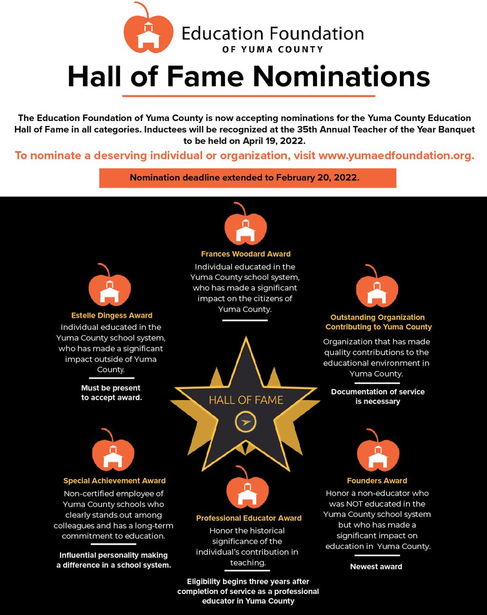 FoundationYuma's tweet photo. Nominations for Education Foundation Hall of Fame has been extended to February 20!  Please nominate someone if you know someone that fits a category. https://t.co/1hB9JYmh5M