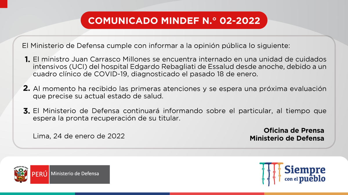 NoticiasLiderpe's tweet photo. #ULTIMOMINUTO Juan Carrasco Millones, ministro de Defensa, se encuentra internado en una unidad de cuidados intensivos (UCI) del hospital Edgardo Rebagliati de EsSalud desde anoche, debido a un cuadro clínico de #COVID19, diagnosticado el 18 de enero. https://t.co/EsQwqjQoCw