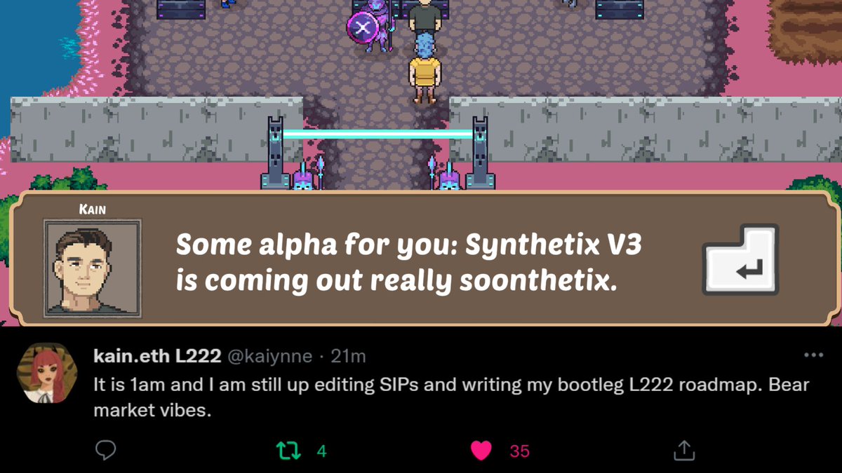 SNX_Korea's tweet photo. Kain is working late for Synthetix #L222 roadmap in the real world AND dropped alpha even inside 'Tale of Thales' game. 
#Bullish on $SNX 💯 https://t.co/dvnFyD47kk