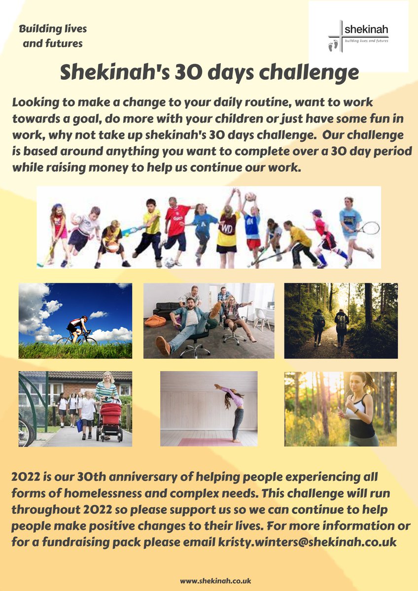 shekinahcharity's tweet image. Shekinah is now in it’s 30th year! We would like to celebrate this massive achievement by setting Shekinah’s 30 days challenge. Please get involved! #shekinah30 #buildinglivesandfutures shekinah.co.uk/event/shekinah…