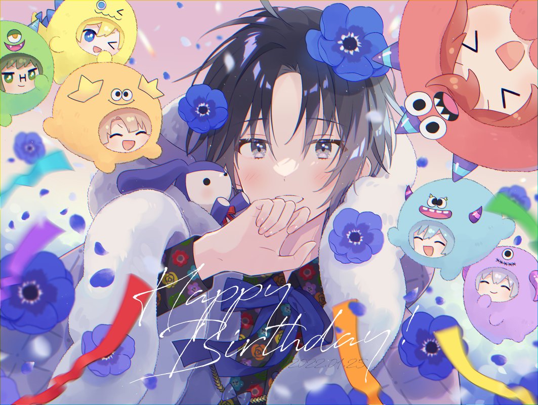happy birthday black hair flower smile looking at viewer male focus short hair  illustration images