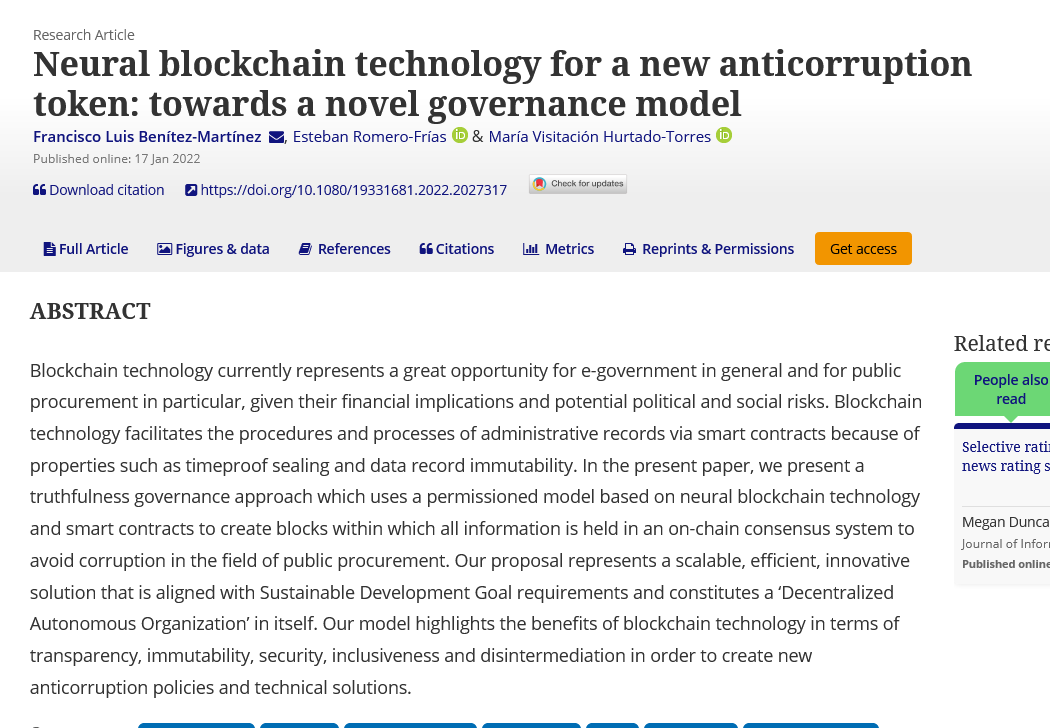 JITP_APSA's tweet photo. 💥NEW PUB!💥

“Neural #blockchain technology for a new #anticorruption token: towards a novel governance model”

Drs @PacoLuisGRX, @polisea &amp; Hurtado-Torres’s model explores the benefits of blockchain and #egovernance

➡️ Read here: https://t.co/H2wCDyINee 

@apsa_itp @poli_com https://t.co/imv23ScjD2