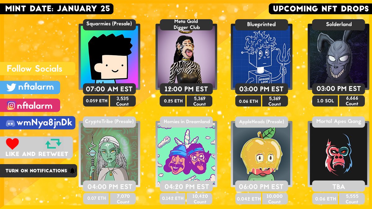 nftalarm's tweet image. Upcoming NFT drops for January 25!🚨
#NFT #NFTs #NFTCommunity #nftcollector #NFTGiveaway  #NFTdrops #NFTartist #nftart #nftalarm