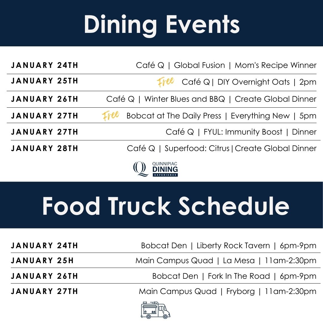 QUDining's tweet image. Hello spring semester! 😎 We are so excited to have you back on campus and can't wait for all of the awesome events to come.