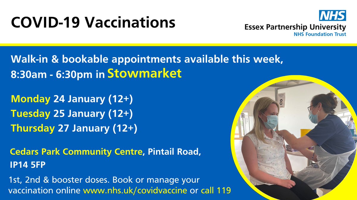 EPUTNHS's tweet photo. Pop down to Cedars Park Community Centre #Stowmarket THIS WEEK to grab your #Covid jab.

Open 8:30am - 6:30pm:
Monday 24 Jan
Tuesday 25 Jan
Thursday 27 Jan

Walk-in or book online https://t.co/R0txBc43kh or call 119

@SNEE_ICS @NEECCG @HWSuffolk @IESCCG @NHSWSCCG @StowmarketTC https://t.co/PV5g29s6bK
