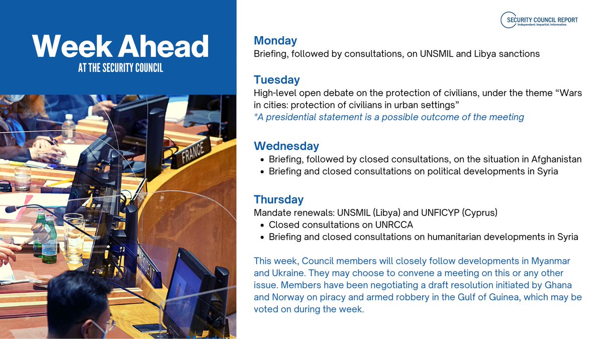 This week at the #UNSC: 

🔸 #Libya (@UNSMILibya)  
🔸 'Wars in cities: #ProtectionOfCivilians in urban settings' high-level open debate 
🔸 #Afghanistan 
🔸 #Syria
🔸 @UNRCCA 

🔹 For updates, subscribe here: bit.ly/3AwYSel