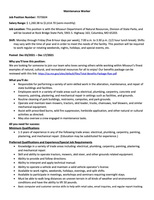 moinvasives's tweet photo. Please check out this Maintenance Worker position available with the Missouri Department of Natural Resources, Division of State Parks, located at Rock Bridge State Park. https://t.co/B29MkedqMz