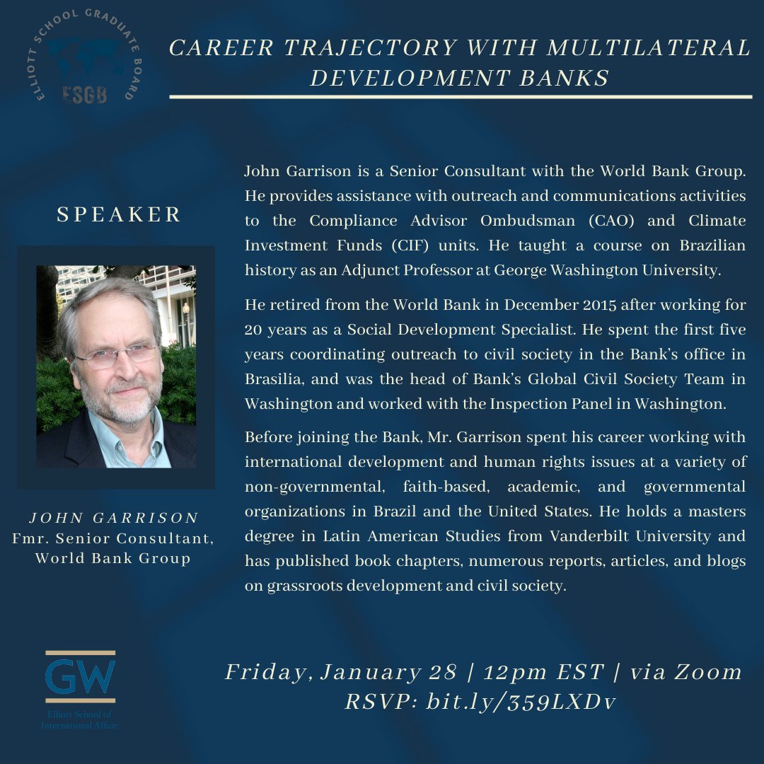 This Friday, Jan 28th, tune in to hear from one of our speakers,  John Garrison, who is a Consultant with the World Bank Group. 

Register to hear!  bit.ly/359LXDv