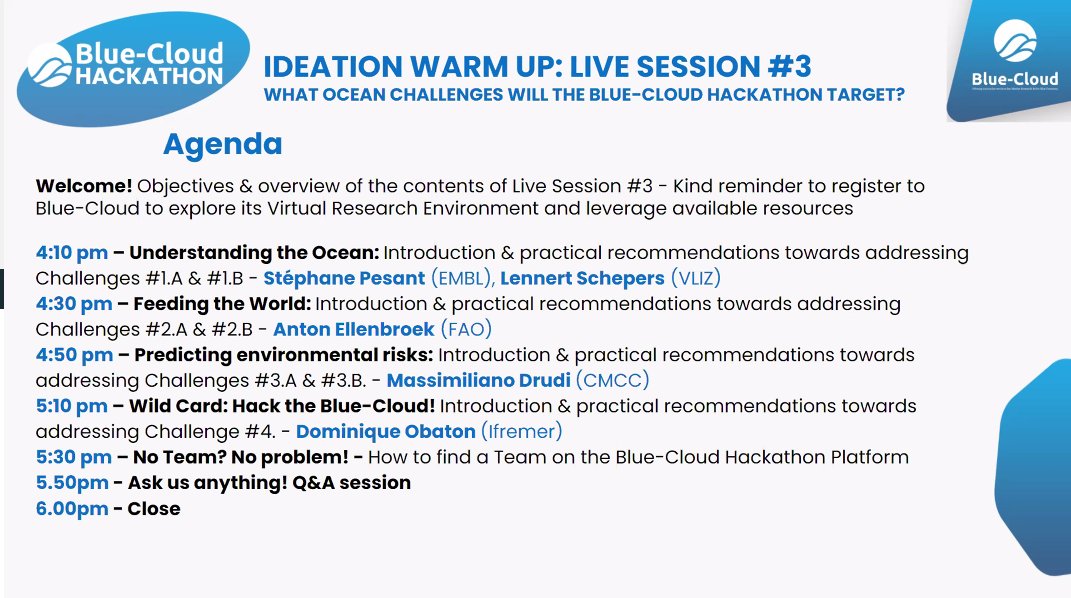 BlueCloudEU's tweet image. We are live with the third session of the warm up towards the Blue-Cloud #hackathon!
Let's get to know the challenges that participants will face, with experts from the Blue-Cloud team.
Register for the hackathon by 31 January: hackathon.blue-cloud.org