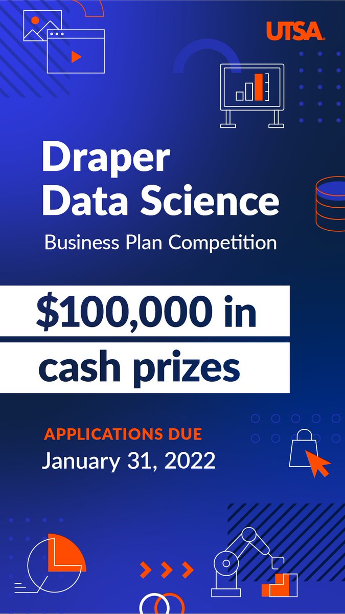 utsacaicc's tweet image. Big prize money is on the line and the deadline is one week away! Apply for the Draper Competition - open to university teams with business ventures that use data science to create value and solve unmet problems! #SDSData #datascience
bit.ly/3nRXE86