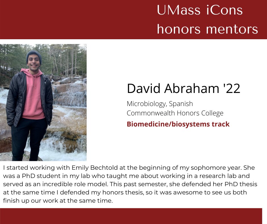 iConsUMass's tweet photo. January is National Mentor Month and @UMassAmherst iCons senior, David Abraham, is recognizing Emily Bechtold, a Ph.D. graduate in @UMassMicrobio, for her mentorship that began David's sophomore year.

#mentoringMonth #UMassiCons @spanportumass @UMassCHC @CNS_UMass @UMassHFA https://t.co/Als6lNPiJ6
