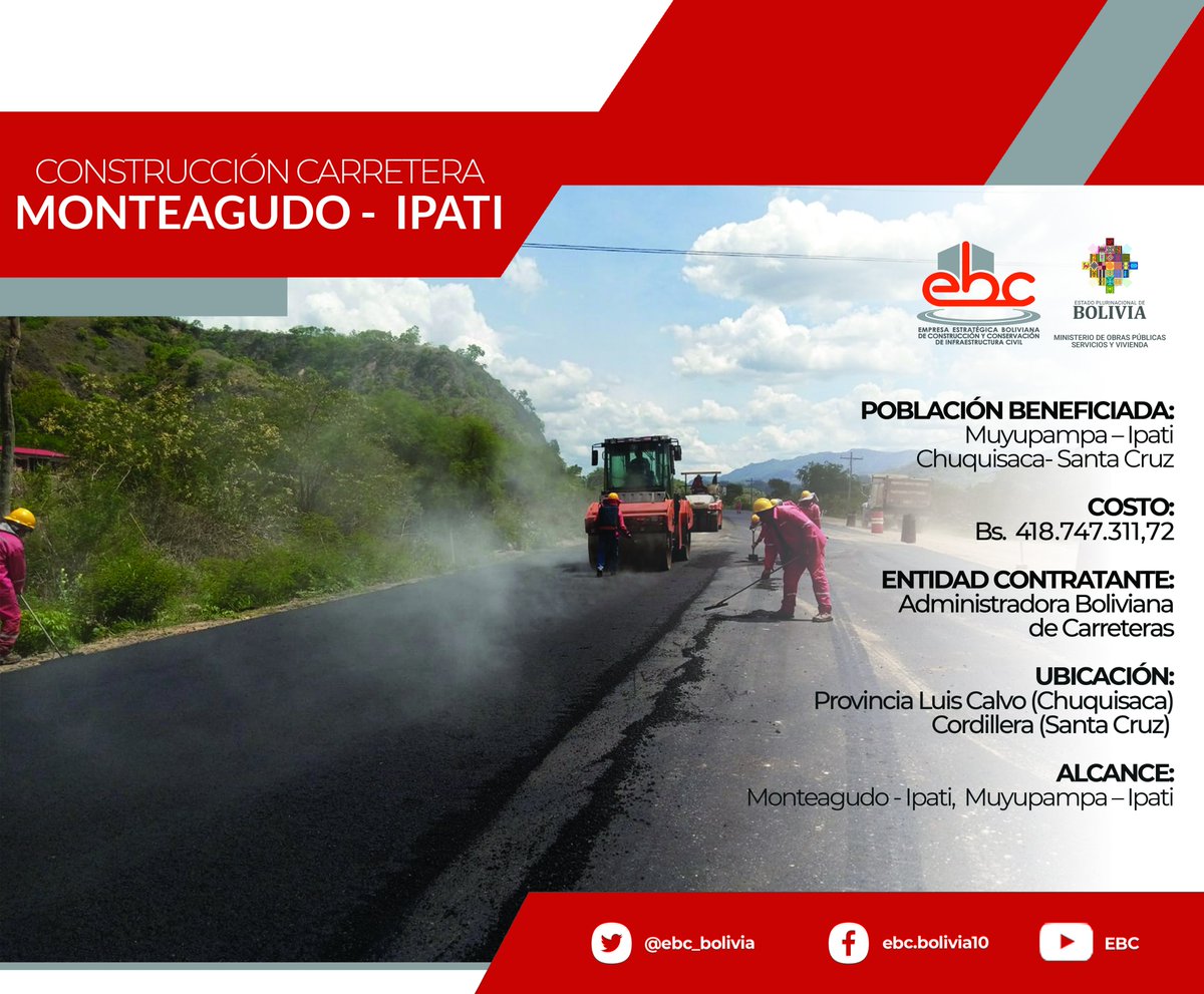 ebc_bolivia's tweet photo. PROYECTO DE CONSTRUCCIÓN CARRETERA MONTEAGUDO – IPATI, TRAMO II: MUYUPAMPA – IPATI Este proyecto de especial relevancia que conecta a las provincias de Luis Calvo #Chuquisaca y Cordillera #SantaCruz, con una longitud total de 46. 082 Km.
#EstamosSaliendoAdelante https://t.co/kudnYgsNVE