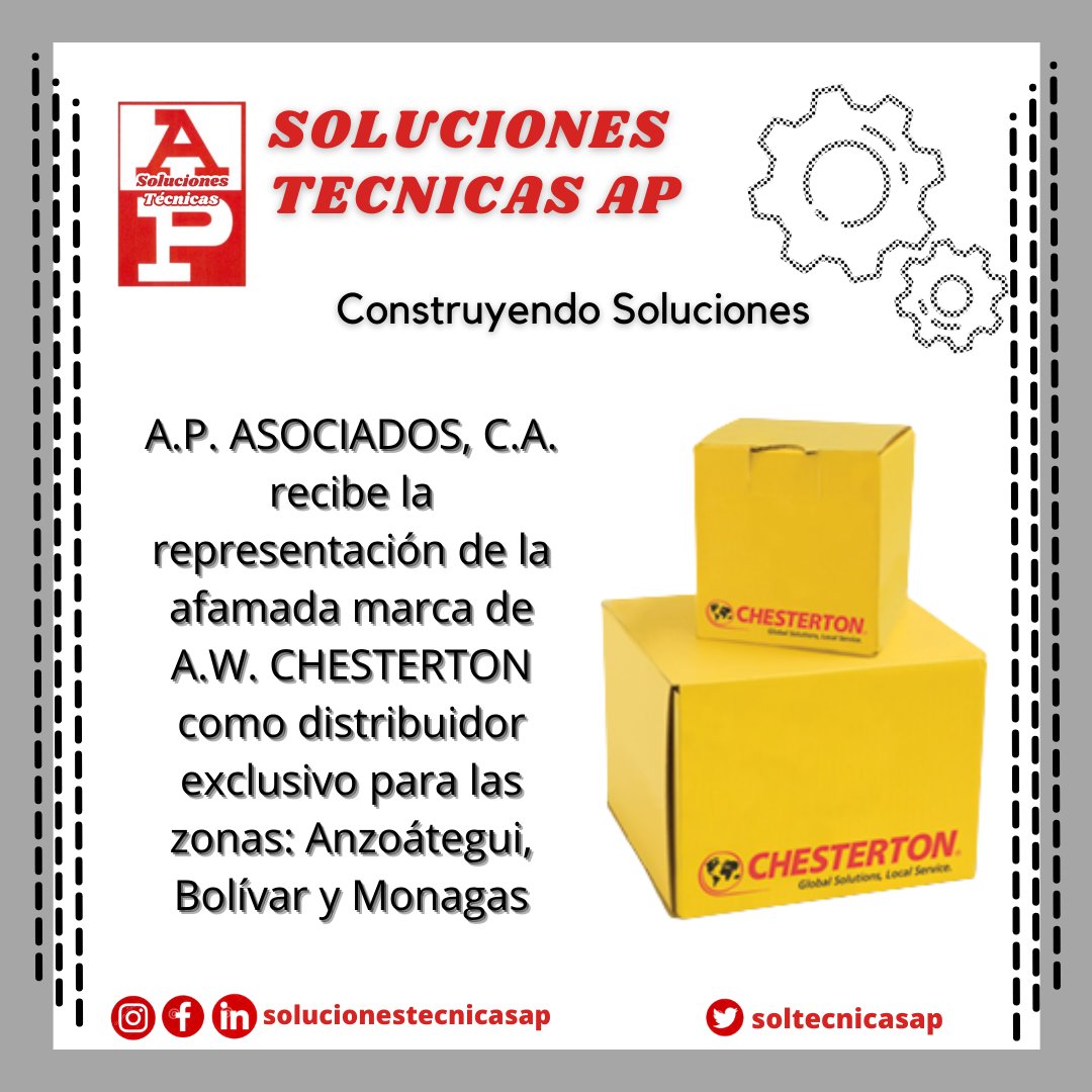 soltecnicasap's tweet photo. A partir de Diciembre del año 1999, recibimos la representación de la afamada marca de A.W. CHESTERTON como distribuidor exclusivo de las divisiones:
a.Productos Técnicos de Mantenimiento
b.Compuestos Poliméricos
c.Selladores de Fluidos.
d.Reparación de Cilindros https://t.co/oEQSy1ugh2