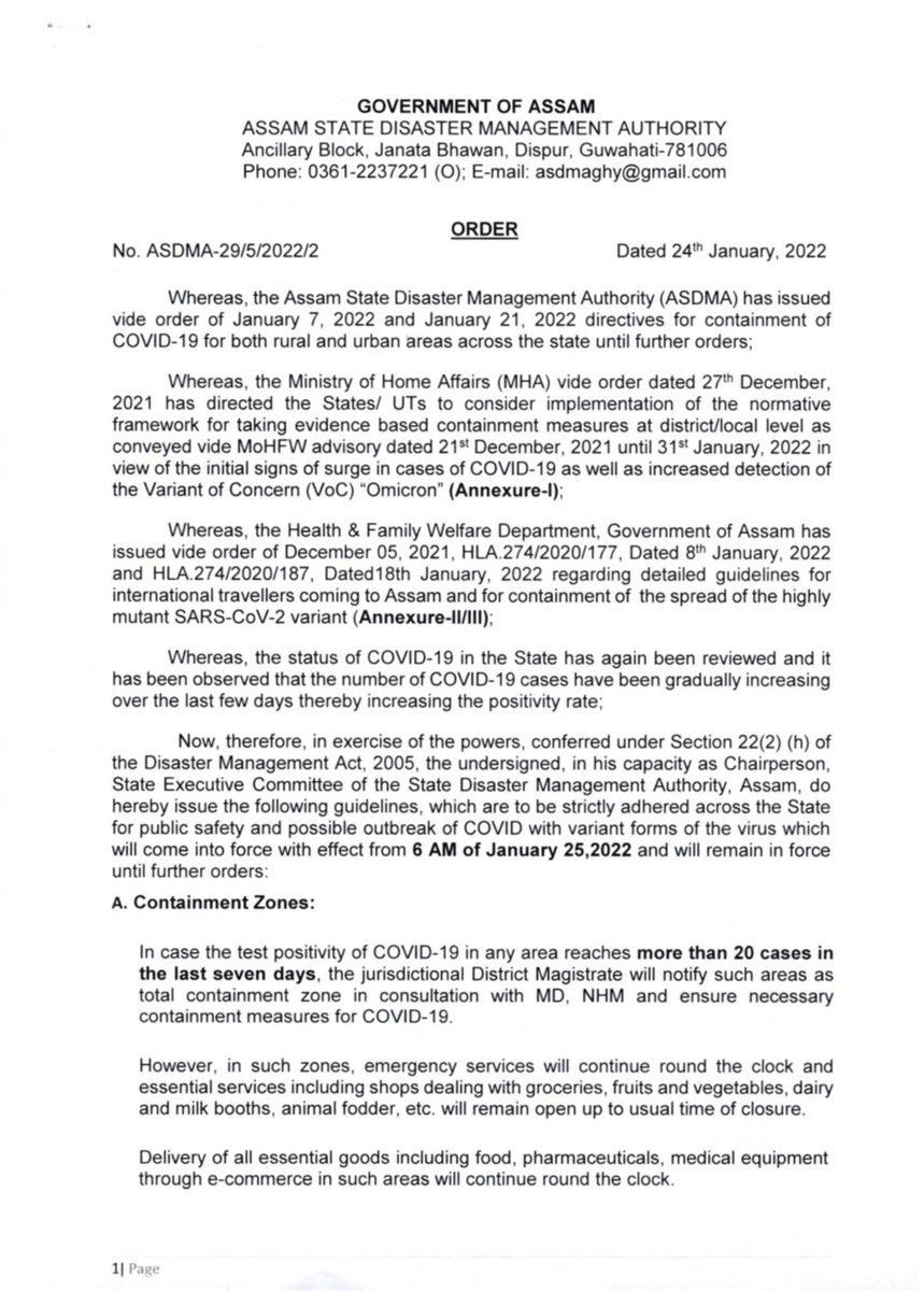 sdma_assam's tweet photo. ORDER| Guidelines issued to be followed across the State for public safety and possible outbreak of #Covid with variant forms of the virus which will come into force with effect from 6 AM of January 25, 2022 and will remain in force until further orders. 1/2

#Assam #ASDMA https://t.co/YHQEY1gLRN