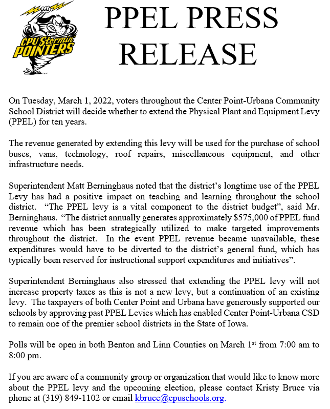 *** SAVE THE DATE ! ! ! ***
For more information including Frequently Asked Questions (F.A.Q.s) about the March 1, 2022 election to renew the PPEL Levy, please visit our website:  cpuschools.org/en/the_distric…