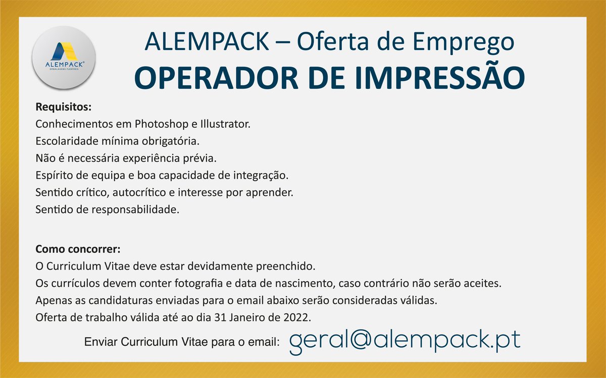 Alempack_LDA's tweet photo. Oferta de Emprego para Operador de Impressão até 31 de Janeiro de 2022 https://t.co/MvhPZoU7g4