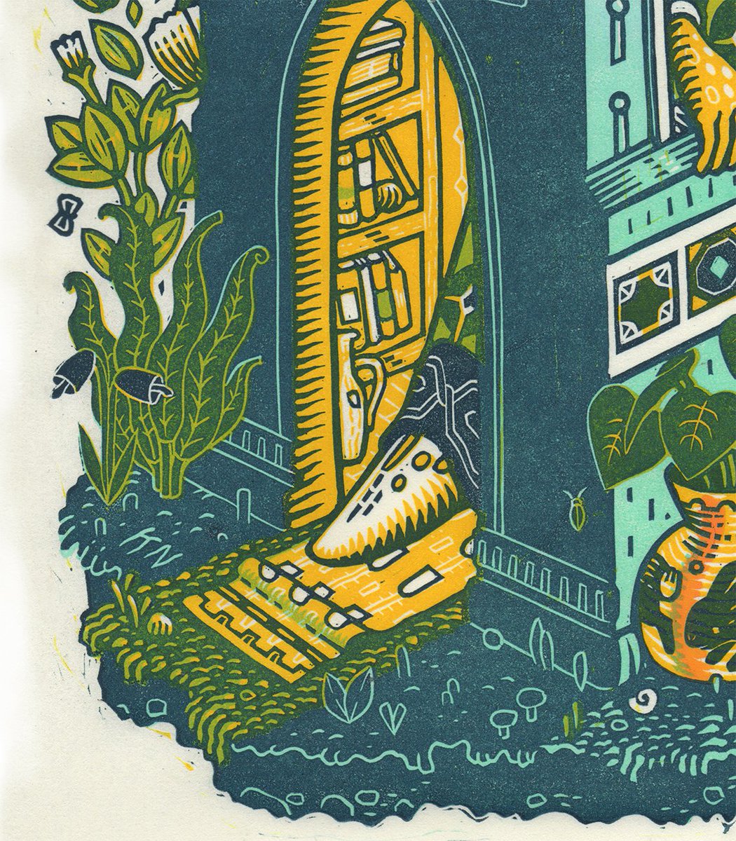 kathleenneeley's tweet photo. Garden window, six-color linocut on 10x14" Awagami okawara paper https://t.co/cBVAnDD3Yz