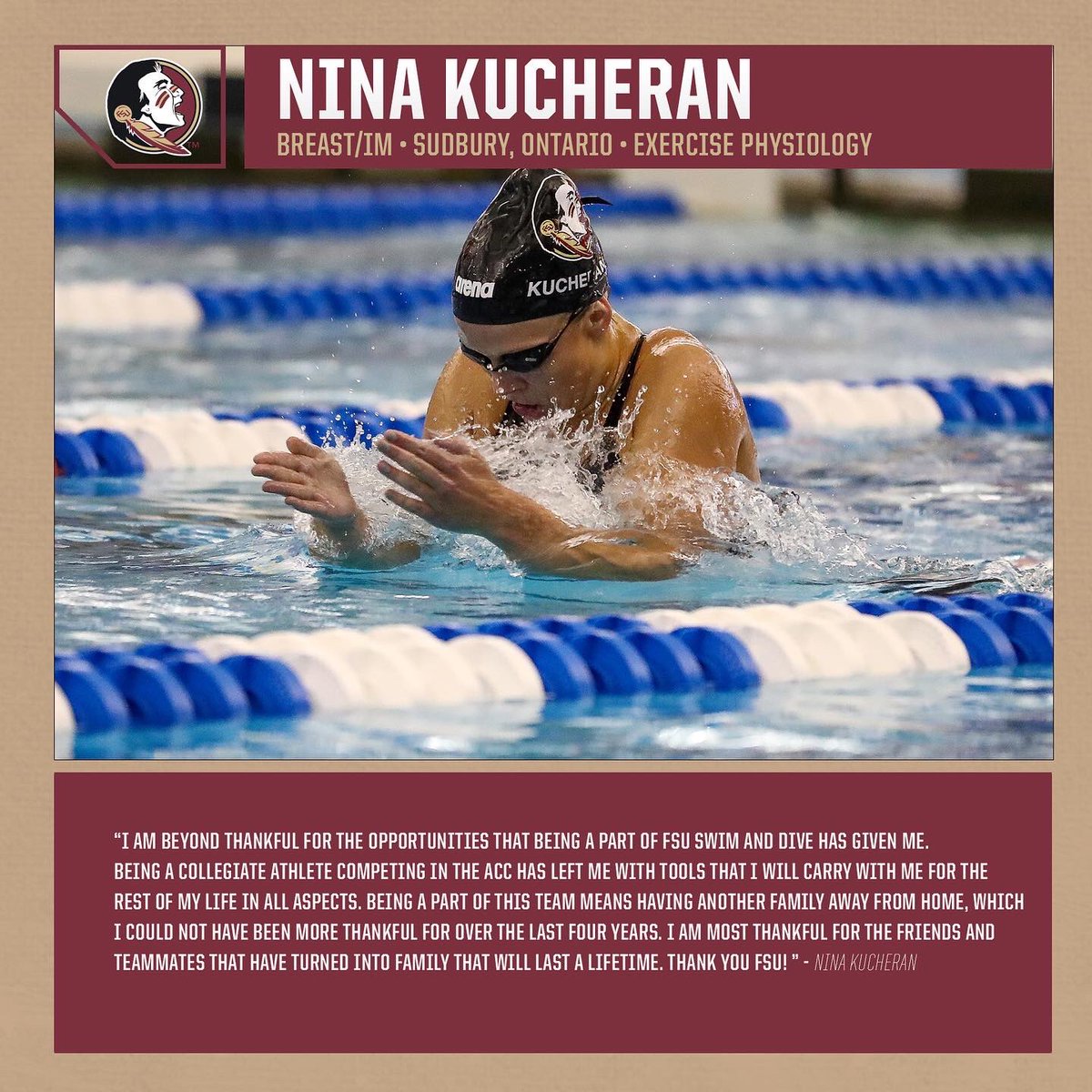 FSU_Swimming's tweet photo. It’s senior week! 

We’ll be recognizing our senior class this week ahead of our meet vs. Tampa on Friday at 2 PM, and who better to start with than our 2x team captain, 2x FSU record holder and 2x NCAA qualifier, Nina Kucheran!

#ThankYouSeniors #Noles https://t.co/8zxRB8C0iD