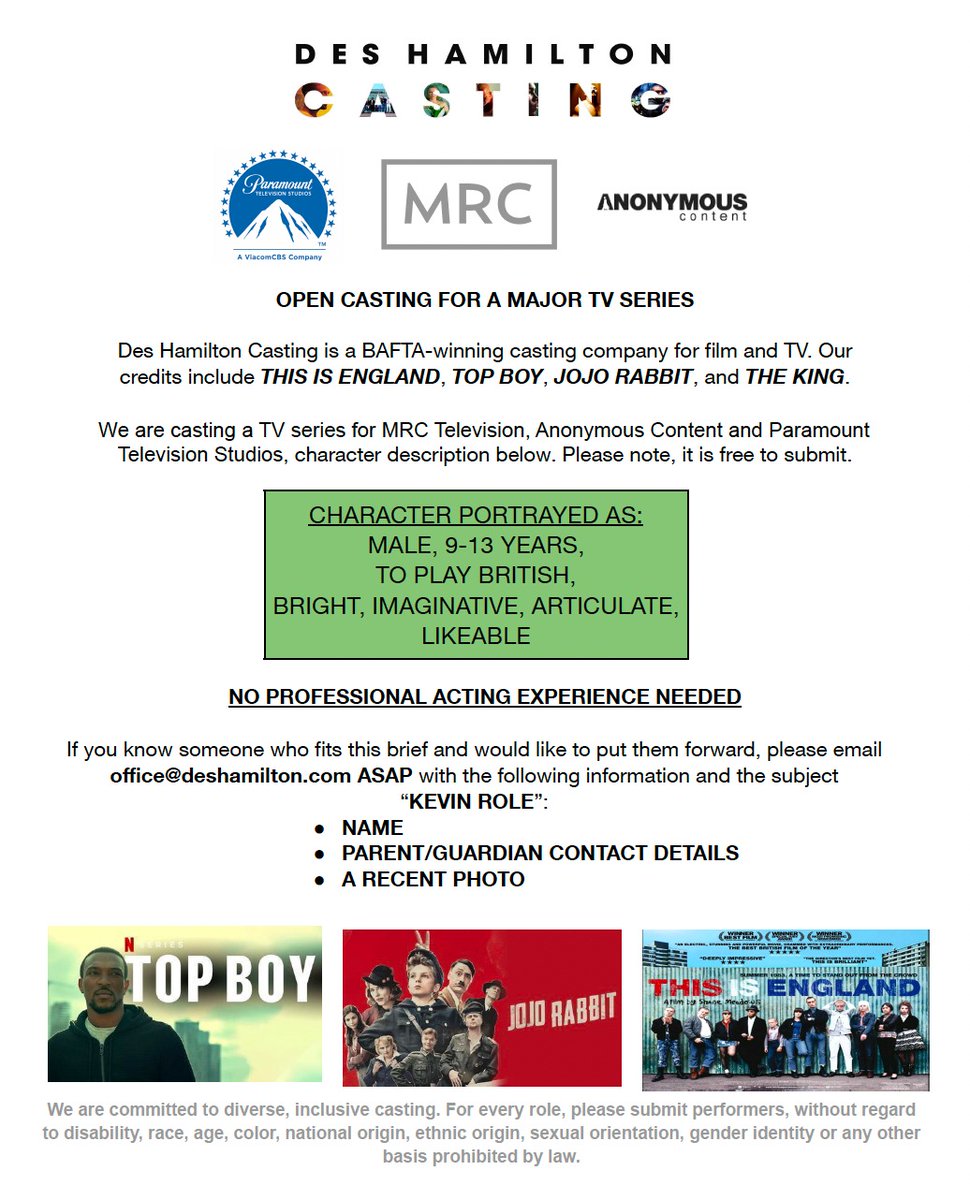 OPEN CASTING FOR A MAJOR TV SERIES. Please share with anyone you think fits this brief.