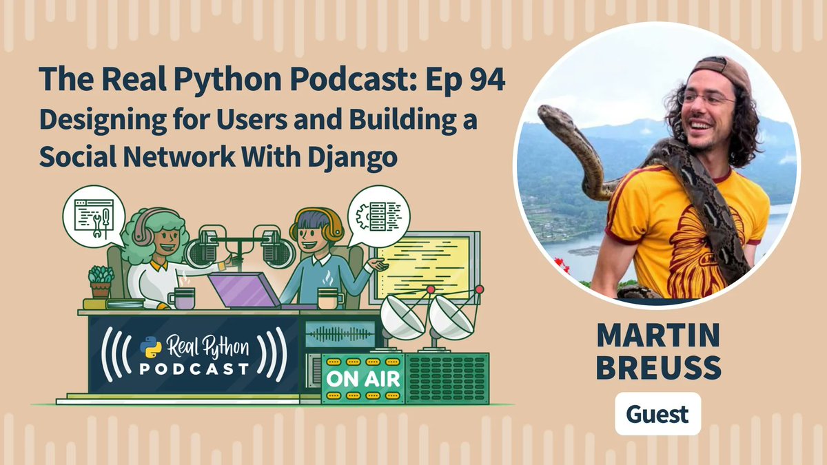 realpython's tweet image. 🐍🎧 Designing for Users and Building a Social Network With Django

Are you looking for a project to practice your Django skills? This week on the show, we talk with previous guest @martinbreuss about his new four-part series

realpython.com/podcasts/rpp/9…