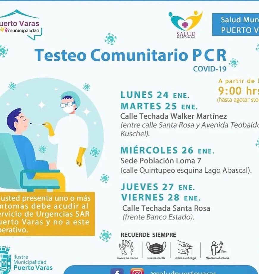raicheleh's tweet image. Amigos y amigas les comparto lugares de testeos PCR en #puertovaras 🇨🇱 . 
Que tengan una excelente semana
