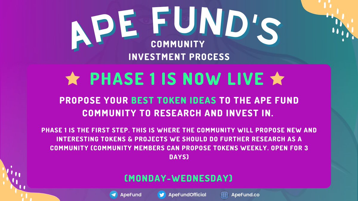 ApeFundOfficial's tweet photo. We just started #PHASE1 for this week, so now is the time to come to the #APEFUND and share your favorite #crypto token with the community. 

What should the Ape Fund be investing into this week?

As a reminder, all of our investment phases occur in our Ape Fund Discord. https://t.co/5gP7sRnldb