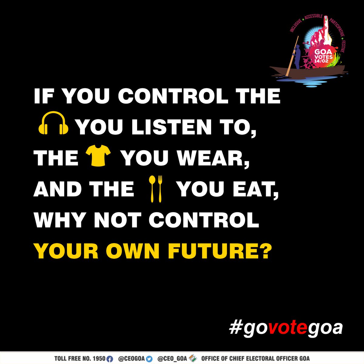 CEO_Goa's tweet photo. Your future is in your hands and it just takes one press to progress. So this 14th February, be enthusiastic and go vote wisely. #GoVoteGoa #Goareadytovote #GoaElections2022 #Elections2022 #Goa #india @ECISVEEP @Coll_NorthGoa @Coll_SouthGoa @esg_goa @TourismGoa @dip_goa https://t.co/CExLHb8hcA
