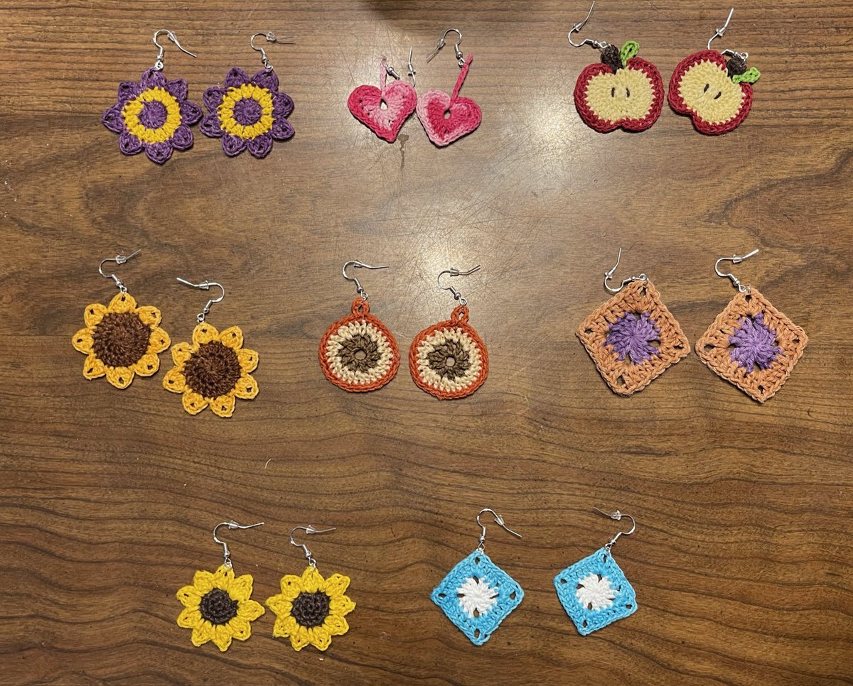 mels_yarnyard's tweet photo. I have 8 new pairs of handmade and unique earrings! What earring design should I make next? 🤔 #crochet #crocheting #yarn #earrings #handmade https://t.co/IgTKve66Gm