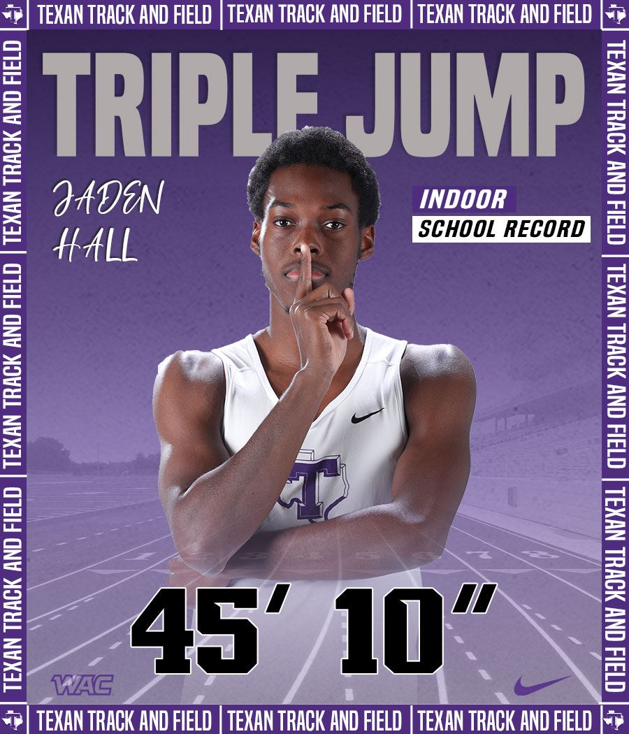 TarletonXCTrack's tweet photo. Congratulations to sophomore Jaden Hall on breaking Tarleton's 𝙞𝙣𝙙𝙤𝙤𝙧 𝙨𝙘𝙝𝙤𝙤𝙡 𝙧𝙚𝙘𝙤𝙧𝙙 in the triple jump with a leap of 45' 10" at the FasTrak Athletix Collegiate Challenge in Houston 🚀

Only the beginning ✍️

#TexanNation https://t.co/zhGy2afrME