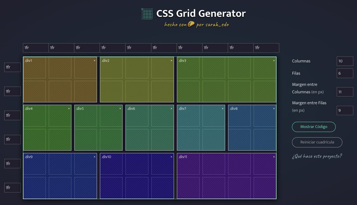 vamoacodear's tweet image. No tenés idea de como hacer una grilla específica con css grid?
Acá @sarah_edo nos da esta hermosa 🥳✨ herramienta cssgrid-generator.netlify.app que nos ayuda a armarla y te muestra el código css que necesitas para ponerla en marcha 🎊.