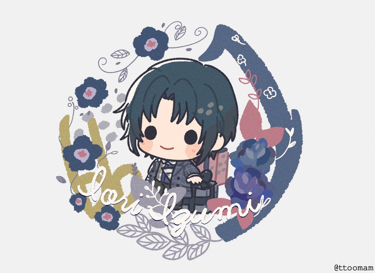 chibi solo black hair smile flower short hair jacket  illustration images