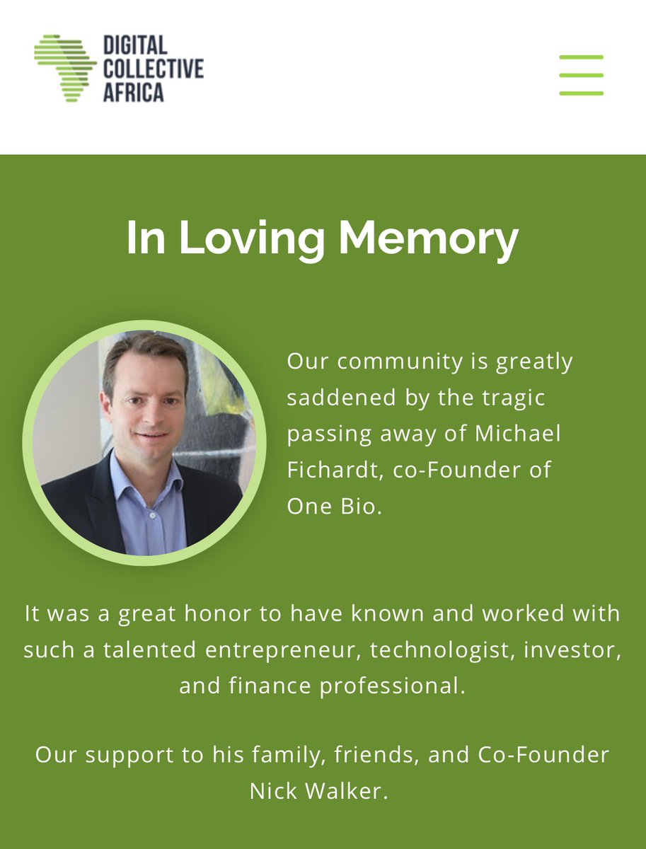 Our community is greatly saddened by the tragic passing away of Michael Fichardt, co-Founder of VC Fund <a href="/ONEBIO2/">ONEBIO</a>  It was an honor to have known and worked with such a talented entrepreneur, technologist, investor. Our support to his family, friends &amp; Co-Founder Nick Walker