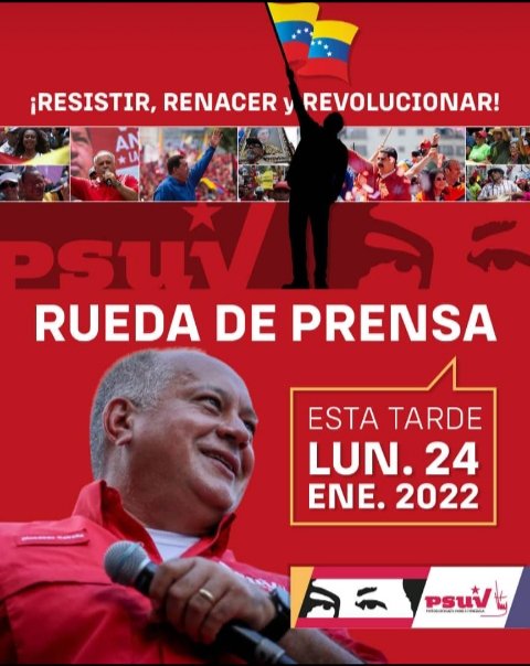 🚨🚨🚨🚨🚨

*Atentos...!*

*Camaradas  Hoy Lunes #24Ene Rueda de Prensa con el Vicepresidente del @PartidoPSUV 🚩*
*Diosdado Cabello (@dcabellor)*
 *Sintoniza @VTVcanal8*

#LaCovidNoEsJuego 
#ElTermometroDeDiosdado 
@PsuvIribarrenVe @emedescobarpsuv @LuisanaPsuv @psuvcuji