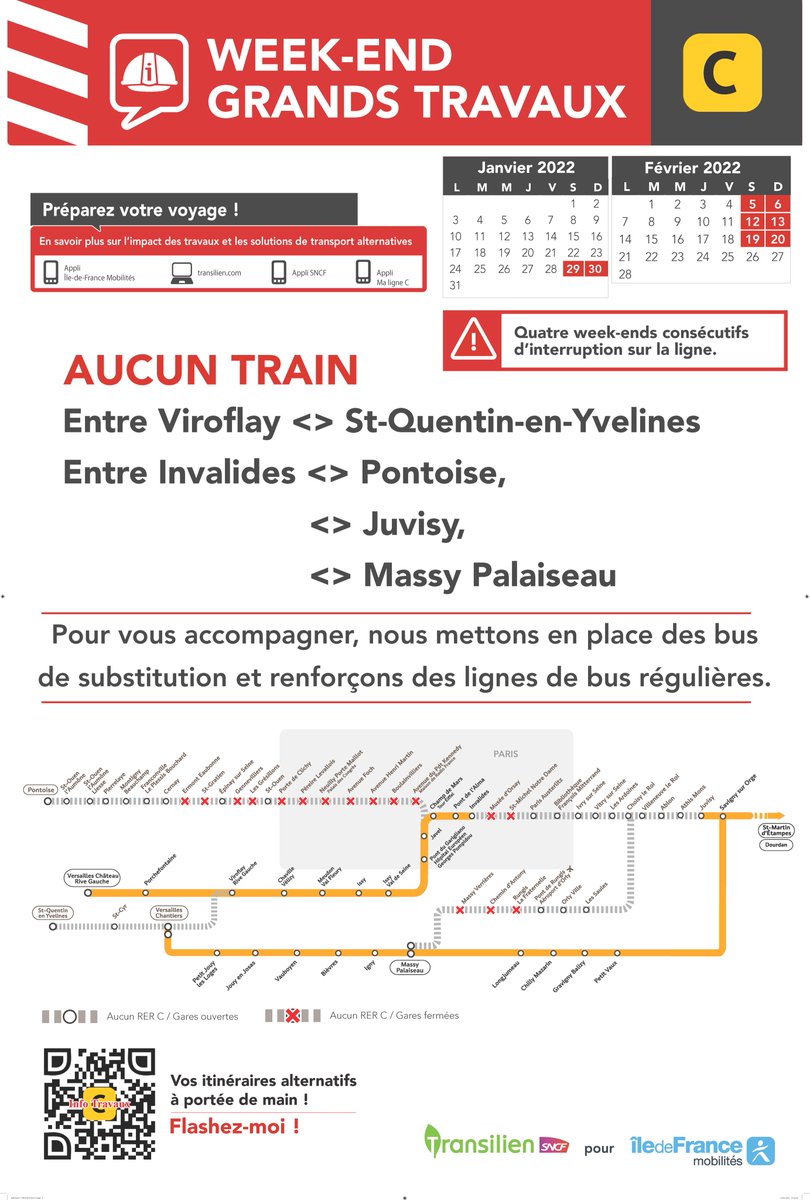 [WEEK-END GRANDS TRAVAUX / RER C🚂]
⚠️Les 29 et 30 janvier; 5 et 6; 19 et 20; 27 et 28 février. A𝙪𝙘𝙪𝙣 RER C 𝙣𝙚 𝙘𝙞𝙧𝙘𝙪𝙡𝙚𝙧𝙖 𝙚𝙣𝙩𝙧𝙚 :
📌 𝐈𝐧𝐯𝐚𝐥𝐢𝐝𝐞𝐬 𝐞𝐭 𝐉𝐮𝐯𝐢𝐬𝐲 - Pontoise - Massy Palaiseau
📌 Viroflay et St-Quentin-en-Yvelines
me-deplacer.iledefrance-mobilites.fr/itineraire